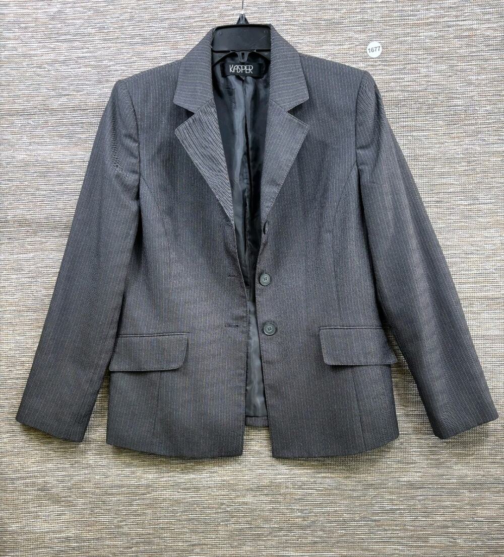 Kasper Striped Blazer Jacket Womens Size 10 Gray Three Button Casual Career